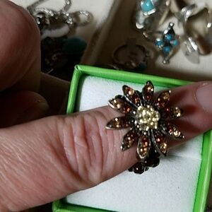 Floral Rhinestone Brown Beaded Stretch Ring